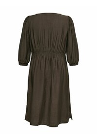 Tumeroheline põlvpikk kleit kolmeveerandpuffvarrukatega, elastse talje ja kergelt lõhikutega külgedel, nähtav tagantpoolt.