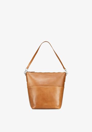 Sac à bandoulière en cuir fauve à texture lisse, doté d'une fermeture éclair et d'une sangle réglable. Comprend une grande poche frontale.