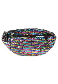 Banane avec un extérieur en sequins colorés affichant des rayures verticales en bleu, vert, rose et noir. Fermeture éclair sécurisée en haut.