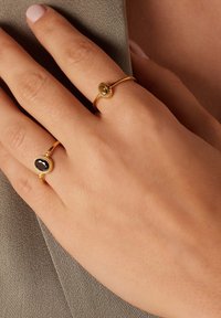 Twee gouden ringen op een hand. De ene heeft een groene ovale steen met ingewikkelde details; de andere heeft een zwarte ovale steen en een gladde band.