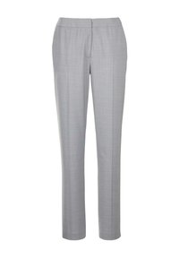 Lichtgrijze broek van een glad, geweven stof. Ze hebben een getailleerde pasvorm, een vlakke voorkant en geen zichtbare zakken.