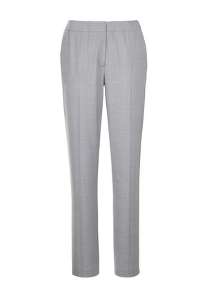 Lichtgrijze broek van een glad, geweven stof. Ze hebben een getailleerde pasvorm, een vlakke voorkant en geen zichtbare zakken.