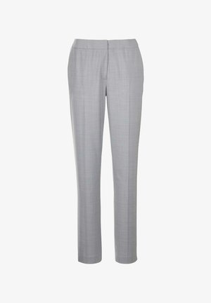 Lichtgrijze broek van een glad, geweven stof. Ze hebben een getailleerde pasvorm, een vlakke voorkant en geen zichtbare zakken.