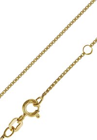 Goldfarbene Halskette mit quadratischer Gliederkette, ausgestattet mit einem robusten Verschluss und einem runden Befestigungspunkt. Glatte Oberfläche mit glänzendem Finish.