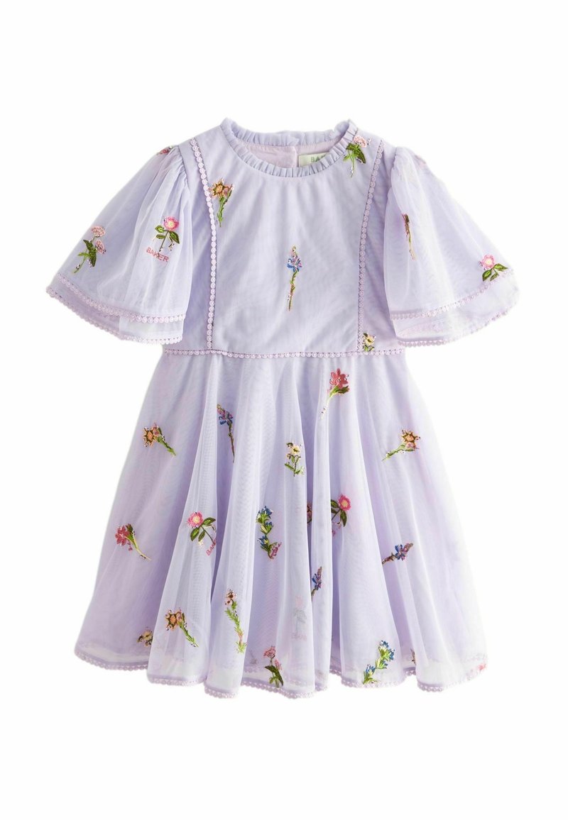 Lilac dress with short puff sleeves, floral embroidery in various colors, a ruffled neckline, and a tiered skirt with lace trim.