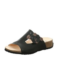 Zwarte leren slidesandaal met open teen, met ronde accenten en een middenzool die lijkt op kurk. Gestructureerde rubberen buitenzool voor grip.