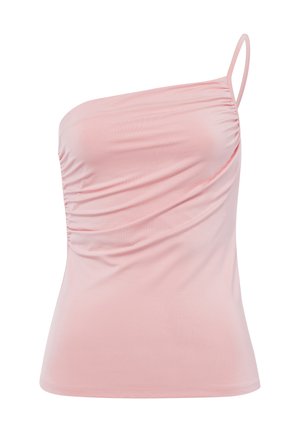 Top rosa de un solo hombro fabricado con un tejido suave y elástico. Cuenta con detalles fruncidos en el lateral y un diseño ajustado con una tirante delgada.