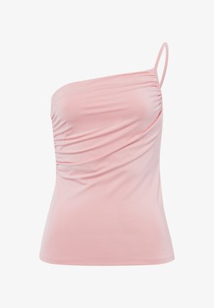 Top rosa de un solo hombro fabricado con un tejido suave y elástico. Cuenta con detalles fruncidos en el lateral y un diseño ajustado con una tirante delgada.