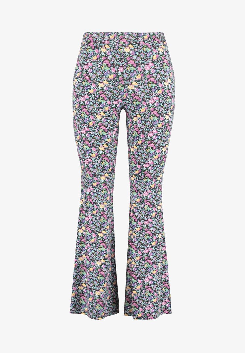 Pantalon évasé avec un motif floral multicolore sur fond sombre, fabriqué en tissu extensible à texture lisse.