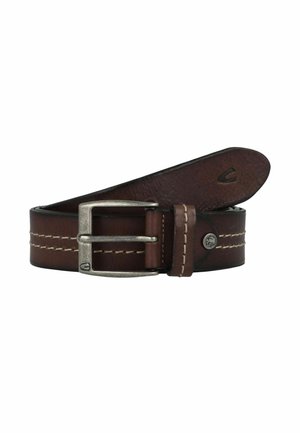 Brown leather belt with a textured finish, silver metal buckle, and contrasting stitching. Features a logo detail on the strap.