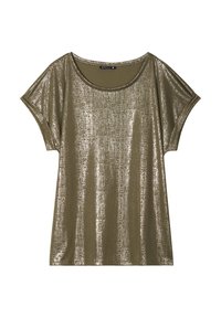 Olijfgroene T-shirt met korte mouwen, metallic glans, zachte textuur en een licht gedrapeerd ontwerp. Ronde halslijn en een relaxed fit.