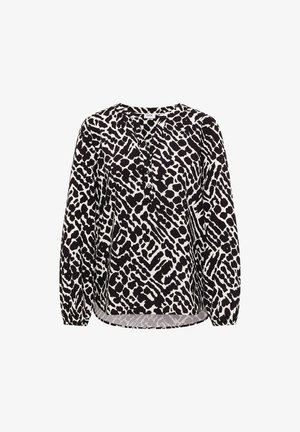 Schwarz-weiße, gemusterte Bluse mit langen Ärmeln, V-Ausschnitt, Knopfdetails und gerafften Bündchen. Verfügt über ein abstraktes Design.