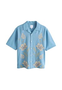 Hellblaues Kurzarmhemd mit floraler Stickerei in Creme und Orange. Es verfügt über eine Button-Down-Verschluss und ein klassisches Kragen-Design.