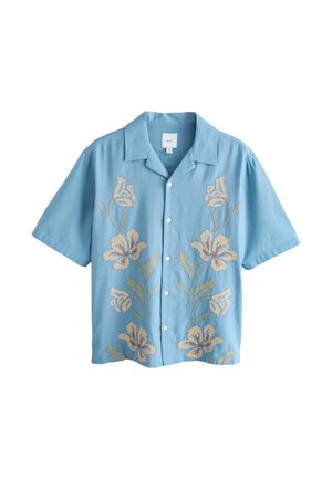 Világoskék, rövid ujjú ing krém és narancs virágos hímzéssel. Gombos záródással és klasszikus gallér kialakítással rendelkezik.