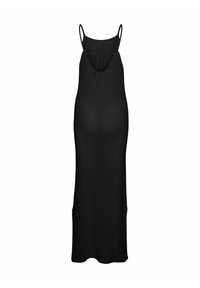 Abito maxi nero con spalline regolabili, tessuto testurizzato, schiena scoperta e tasche laterali. Presenta una silhouette rilassata e fluida.