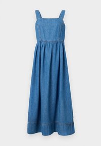 Denim dress with square neckline, wide straps, and gathered waist. Floor-length with a slightly flared silhouette and visible stitching details.