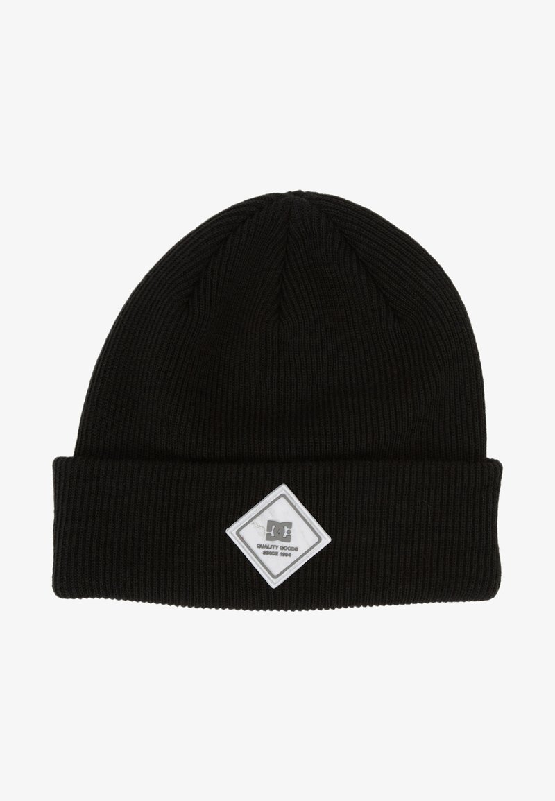 Black ribbed knit beanie with a folded cuff and a diamond-shaped logo patch featuring text. Smooth texture, fitted design.