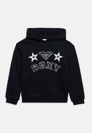 Sweat à capuche noir avec poche avant et design graphique blanc comprenant des étoiles, un cœur et le mot "ROXY" en lettres grasses.