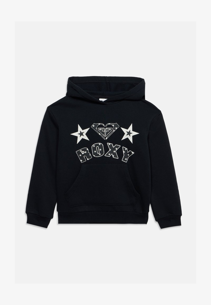 Sweat à capuche noir avec poche avant et design graphique blanc comprenant des étoiles, un cœur et le mot "ROXY" en lettres grasses.