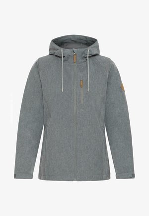 Gray hooded jacket with a textured fabric, zip closure, and adjustable drawstrings. Features a patch on the sleeve and side pockets.