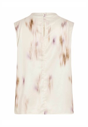 Blouse crème sans manches avec un imprimé floral subtil marron et violet, ouverture au dos en forme de trou de serrure, et deux petits boutons à l’encolure.