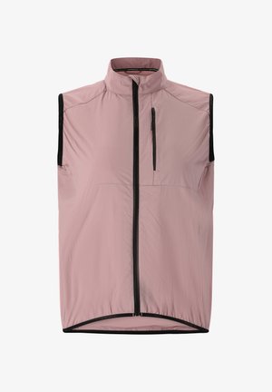 Lightweight, sleeveless vest in soft pink fabric with a high collar, black zipper, and zippered chest pocket; features black trim along edges.