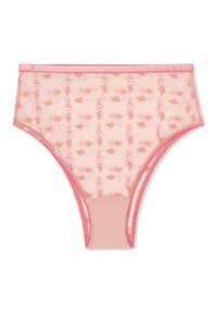 Ljusrosa genomskinliga trosor med blommönster, avslutade med en slät midjeband och vågiga kanter. Mjuk textur, feminin design.
