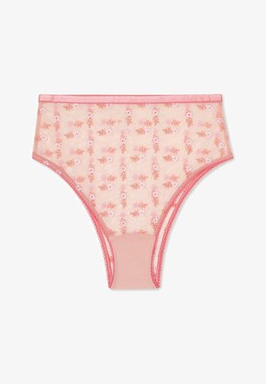 Ljusrosa genomskinliga trosor med blommönster, avslutade med en slät midjeband och vågiga kanter. Mjuk textur, feminin design.