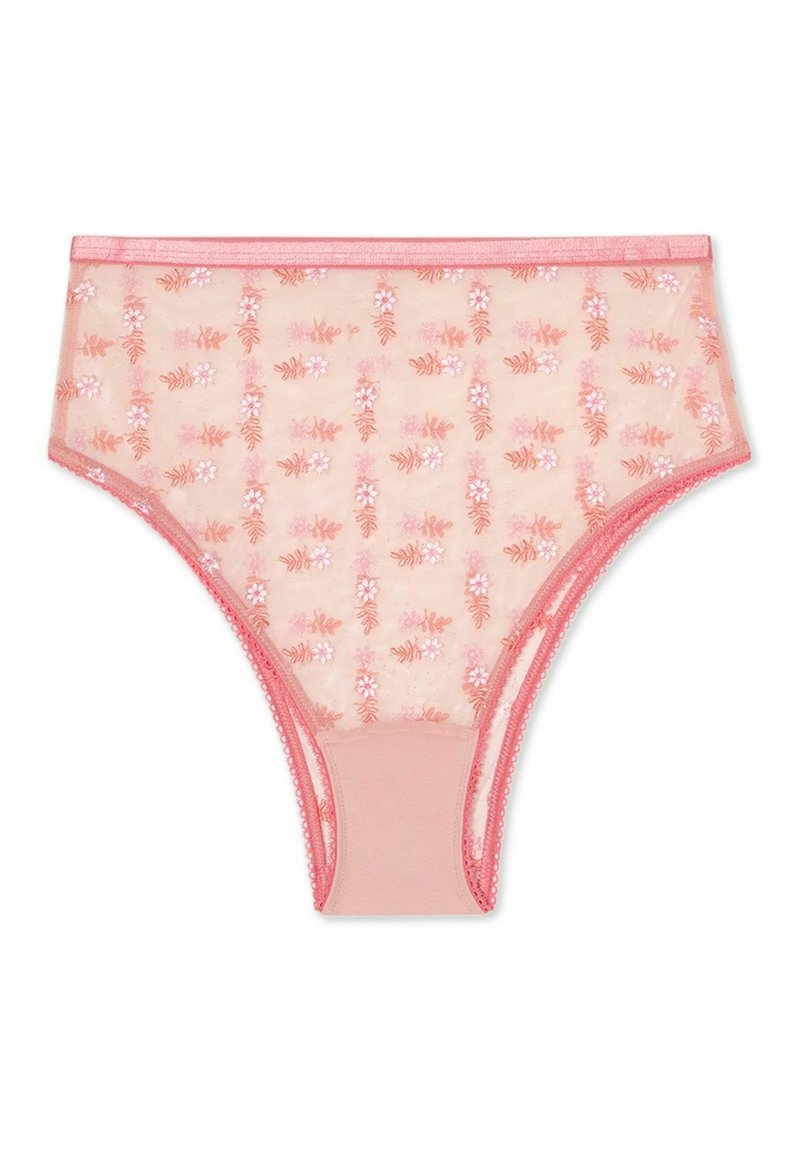 Ljusrosa genomskinliga trosor med blommönster, avslutade med en slät midjeband och vågiga kanter. Mjuk textur, feminin design.