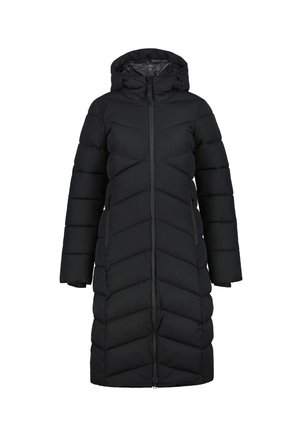 Abrigo acolchado aislante negro con capucha, con costuras en forma de flecha, cremallera frontal completa y dos bolsillos laterales para un almacenamiento seguro.