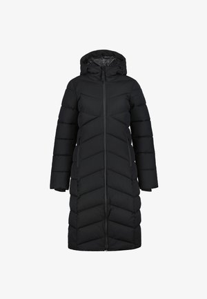 Zwarte geïsoleerde pufferjas met een capuchon, voorzien van chevronstiksels, een volledige rits aan de voorkant en twee zijzakken voor veilige opberging.