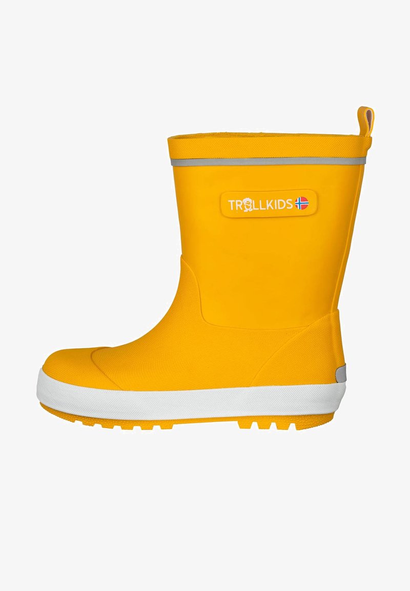 Botte de pluie en caoutchouc jaune avec une finition texturée, semelle extérieure blanche et accent réfléchissant. Présente un logo de marque sur le côté.