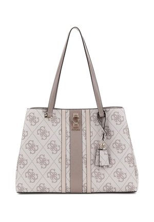 Borsa a spalla in un tessuto grigio chiaro con logo a motivo diamantato. Presenta manici lunghi, una placca con logo frontale e un portachiavi decorativo.