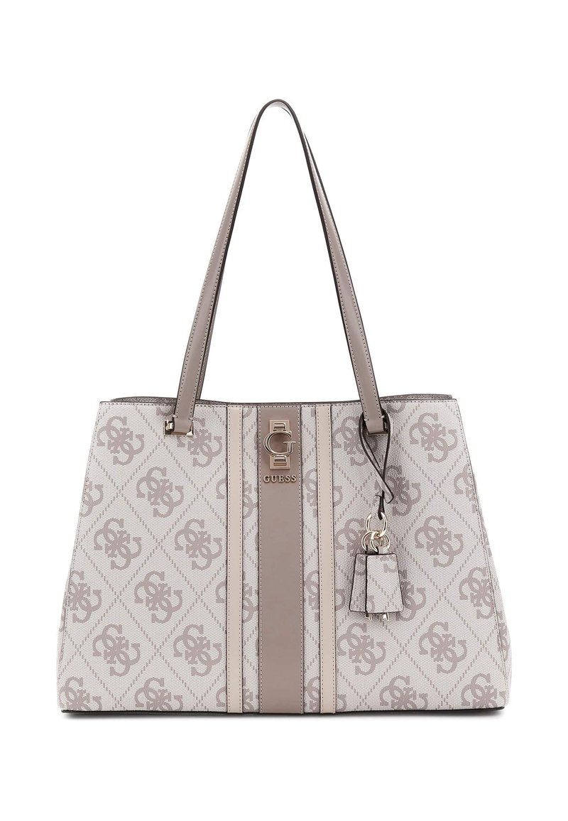 Torba tote w jasnoszarej tkaninie z logo w wzór diamentowy. Posiada długie uchwyty, przednią tabliczkę z logo oraz dekoracyjną brelok.