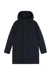 Marineblå polstret parka med hætte, der har sidelommer med lynlås og en brystlomme, glat tekstur og minimalistisk design.