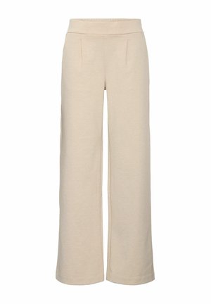Beige wijde broek met een zachte textuur, elastische taille en twee voorplooien. Geen zichtbare zakken of hardware-details.