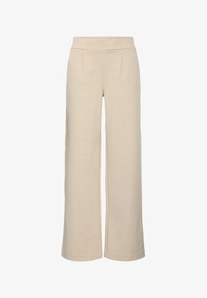 Beige wijde broek met een zachte textuur, elastische taille en twee voorplooien. Geen zichtbare zakken of hardware-details.