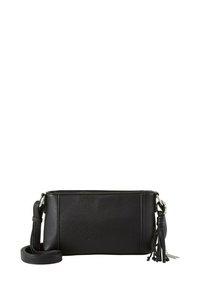 Zwarte leren crossbody tas met een textuur oppervlak, rechthoekige vorm, ritsafsluiting en afneembare schouderband met een kwastaccent.