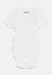Vit kortärmad babybody i mjuk bomull med omslagshals och tryckknappar i botten.