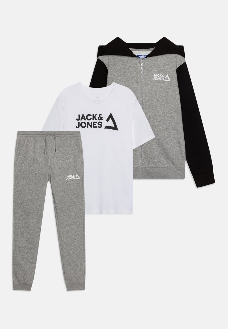 Jack & Jones Junior JJKAI ZIP HOOD SET - Sudadera con cremallera - light grey melange/white