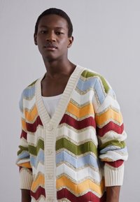 Adīta kardigāns ar zigzagu rakstu zaļā, sarkanā, dzeltenā, zilā un krēmkrāsā. Tam ir V veida kakla izgriezums, pogu aizdare un ribotas piedurknes.