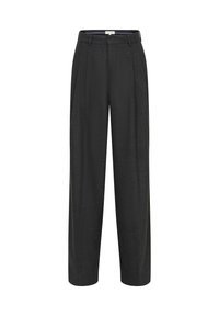 Schwarze maßgeschneiderte Hose mit lockerer Passform, mit Bügelfalten vorne, glatter Textur, einem Bund und ohne sichtbare Taschen oder Knöpfe.