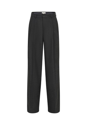 Black tailored trousers with a loose fit, featuring front pleats, a smooth texture, a waistband, and no visible pockets or buttons.