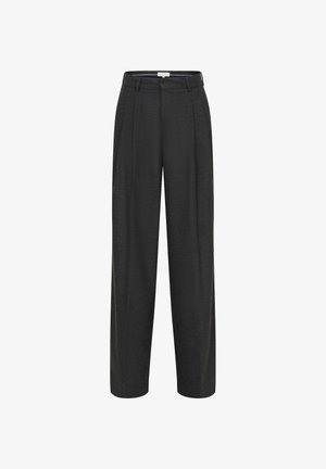 Black tailored trousers with a loose fit, featuring front pleats, a smooth texture, a waistband, and no visible pockets or buttons.