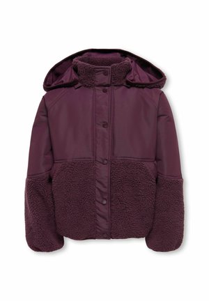 Veste à capuche violet foncé avec fermeture à boutons, tissu supérieur lisse et polaire texturée sur les manches et en bas.