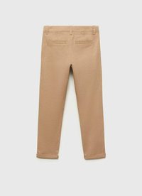 Pantalon en coton beige avec une coupe slim, doté de deux poches arrière et de ourlets roulés pour un look décontracté. Texture lisse et design minimaliste.