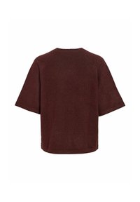 Pull en maille marron foncé à manches courtes avec un col rond, vu de dos sur fond blanc.