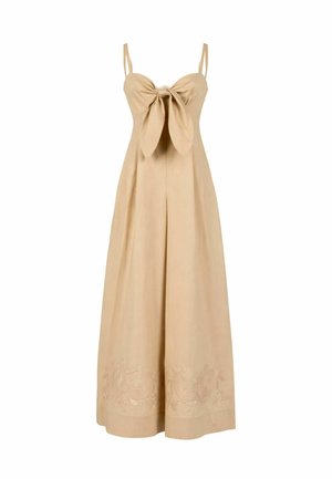 Tuta beige senza maniche a gamba larga con dettaglio nodo frontale e ricamo floreale lungo l’orlo.