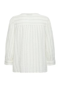 Weiße Bluse mit langen Ärmeln, vertikalen dünnen grauen Streifen, gerafftem Rückenteil und geknöpften Manschetten, von hinten gezeigt.