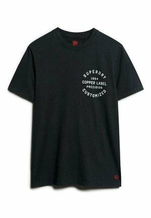 Black cotton t-shirt with short sleeves. Features a circular white logo with "Superdry," "Copper Label," and "Customized" text on the front.